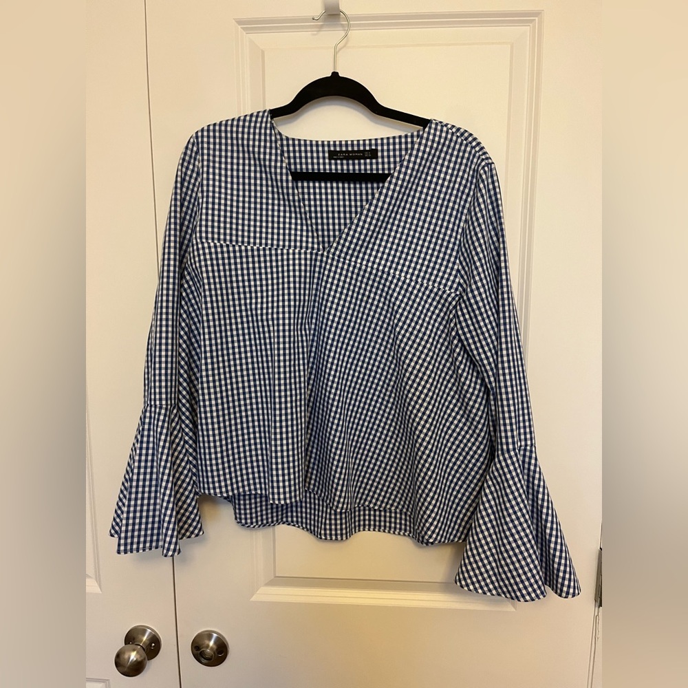 ZARA WOMEN blue gingham top with bell sleeves